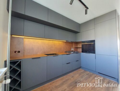 Pilkos spalvos fasado virtuvės baldai